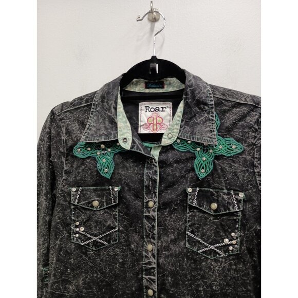 Roar Women's Dark Gray Shirt with Green Embellishments - Picture 2 of 9